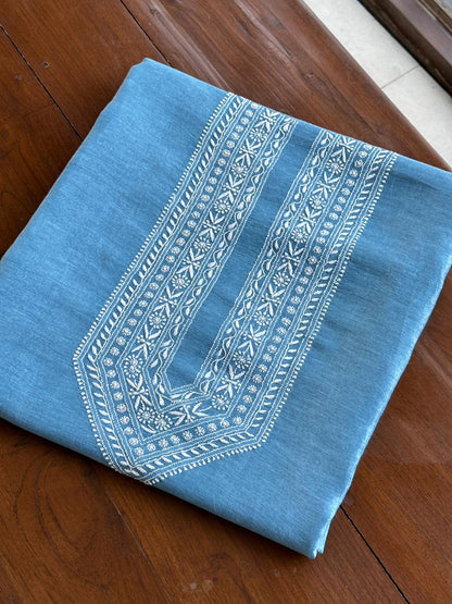 Sky Blue Linen Chikankari Unstitched Men's Kurtas Fabric