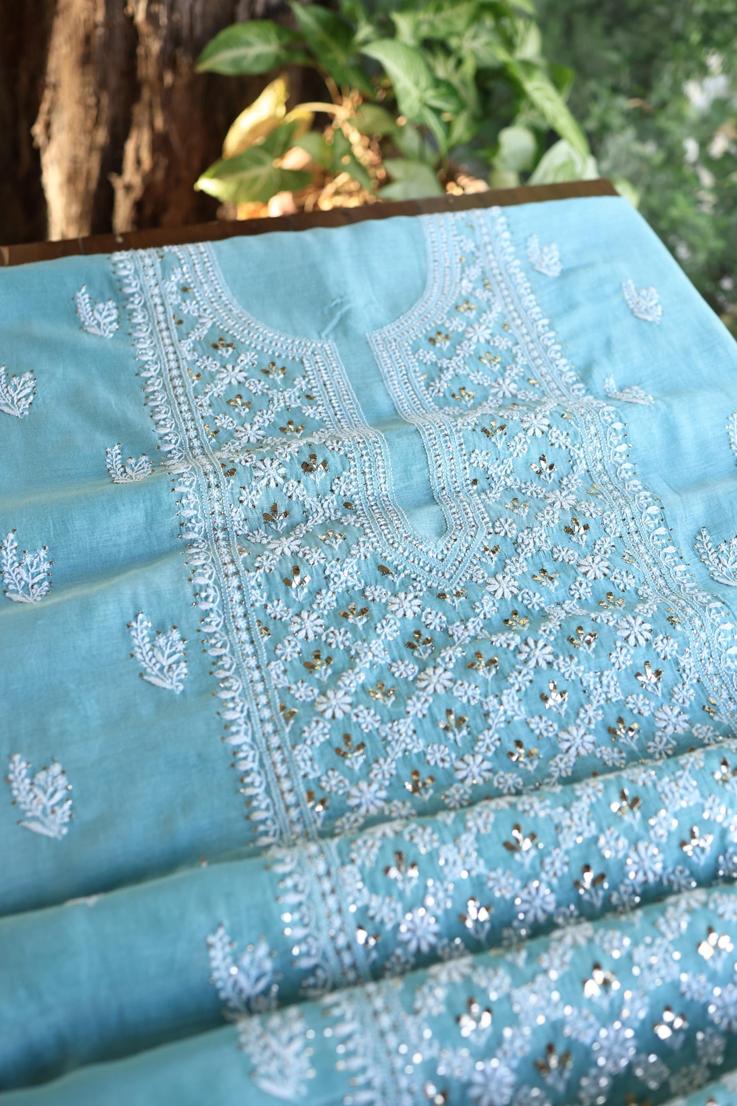 Sky Blue Mal Cotton Fine Chikankari With Kamdani Work Unstitched Fabric