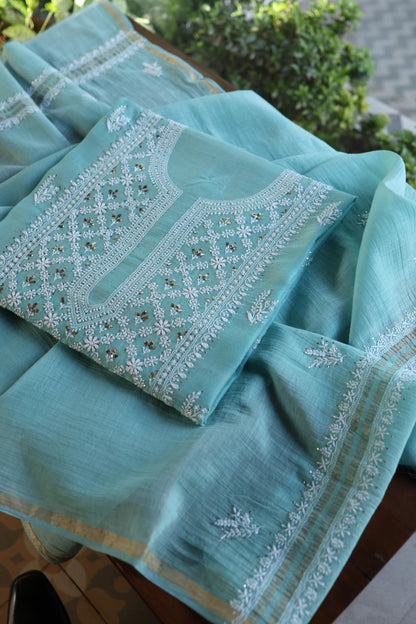 Sky Blue Mal Cotton Fine Chikankari With Kamdani Work Unstitched Fabric