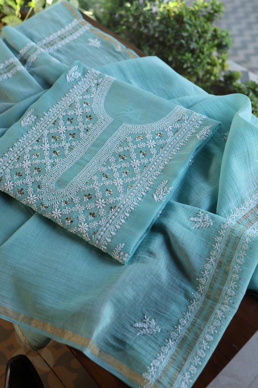 Sky Blue Mal Cotton Fine Chikankari With Kamdani Work Unstitched Fabric