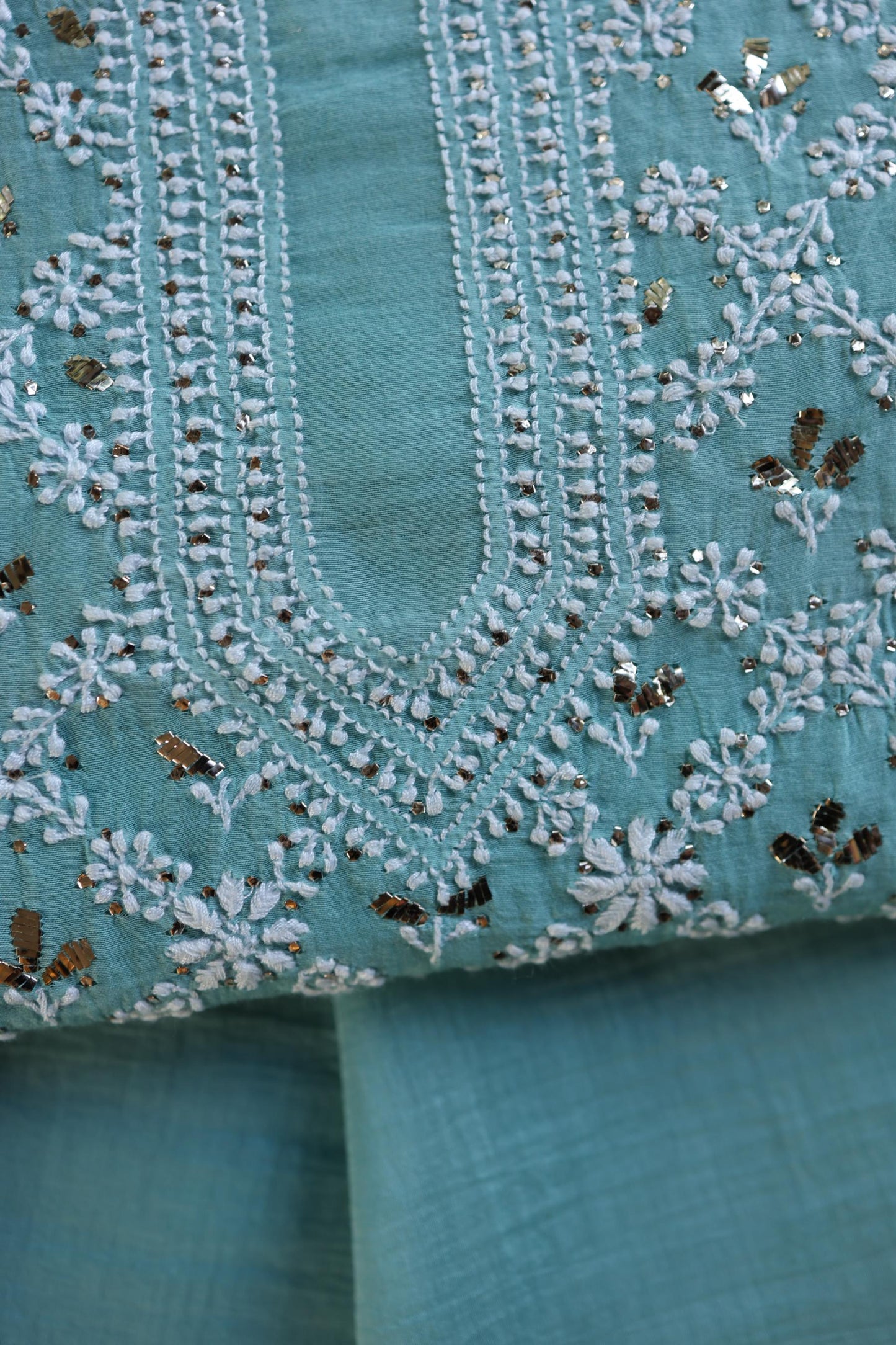 Sky Blue Mal Cotton Fine Chikankari With Kamdani Work Unstitched Fabric