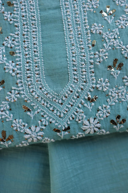 Sky Blue Mal Cotton Fine Chikankari With Kamdani Work Unstitched Fabric