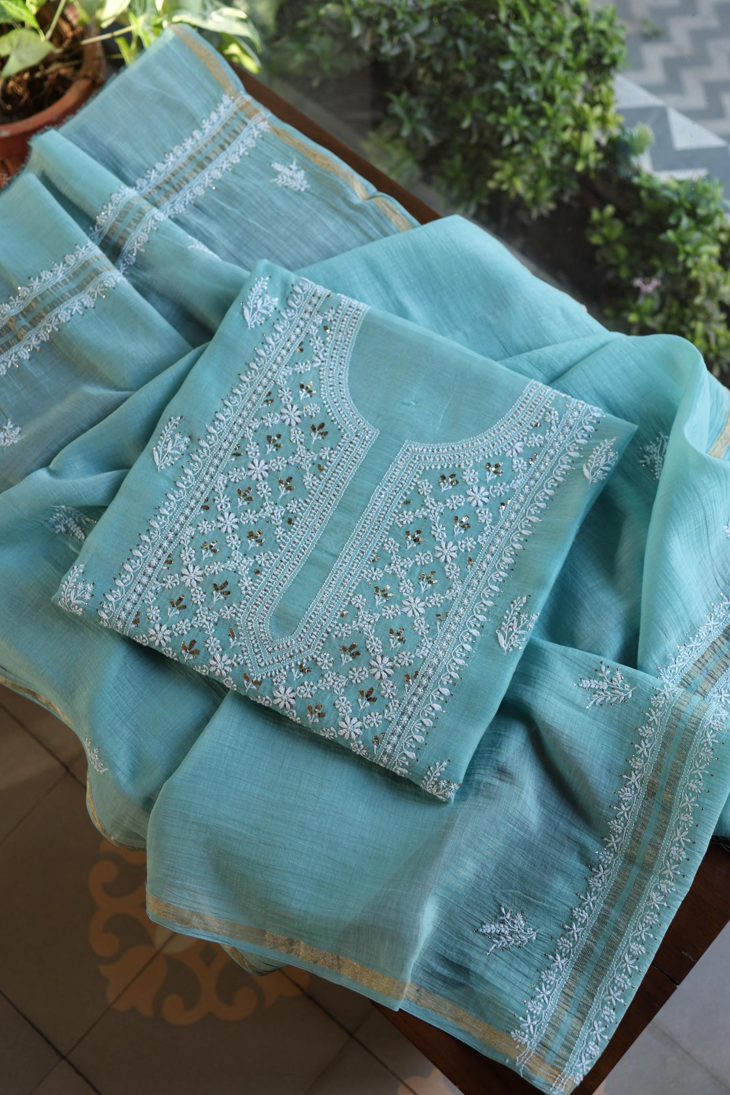 Sky Blue Mal Cotton Fine Chikankari With Kamdani Work Unstitched Fabric