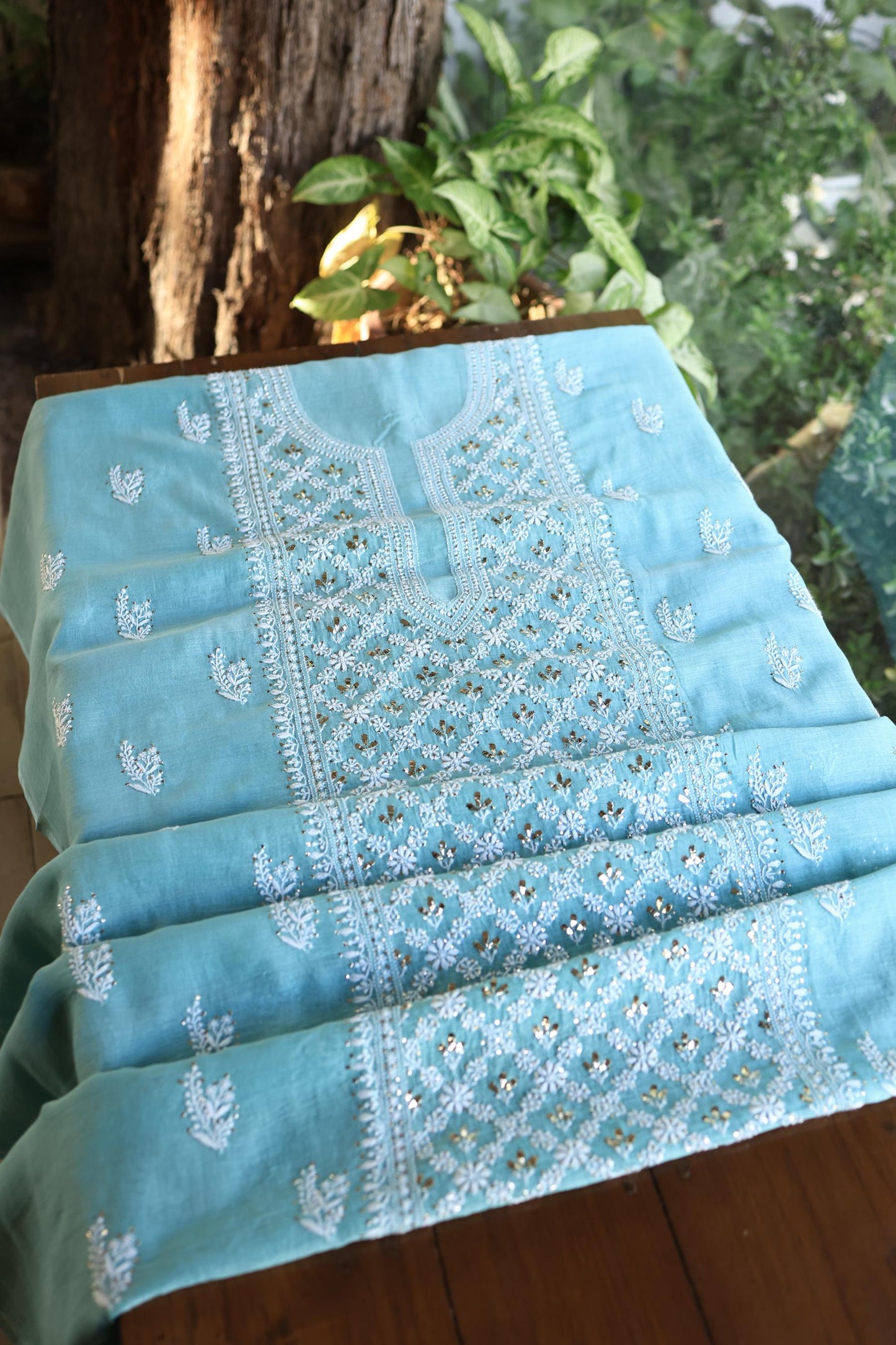 Sky Blue Mal Cotton Fine Chikankari With Kamdani Work Unstitched Fabric