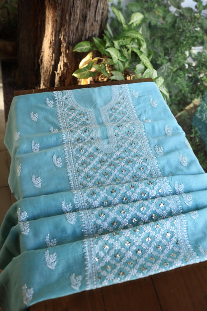 Sky Blue Mal Cotton Fine Chikankari With Kamdani Work Unstitched Fabric
