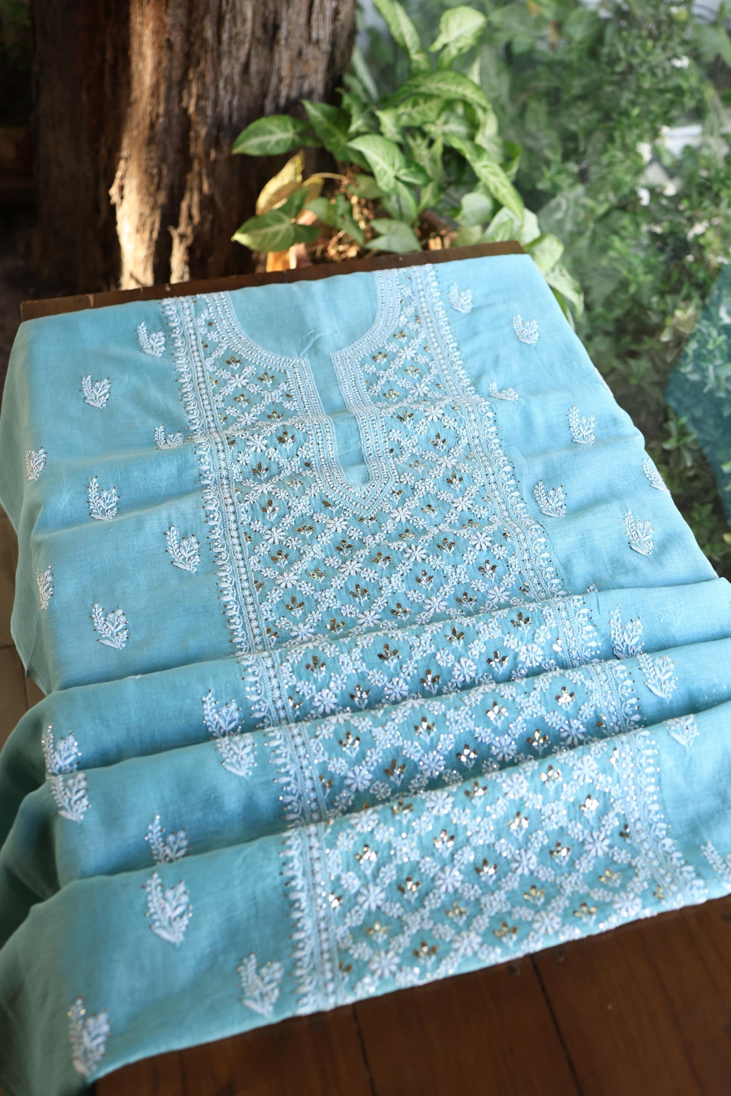 Sky Blue Mal Cotton Fine Chikankari With Kamdani Work Unstitched Fabric