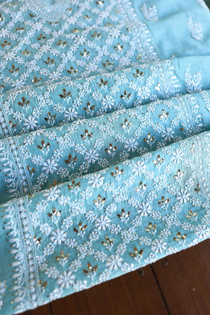 Sky Blue Mal Cotton Fine Chikankari With Kamdani Work Unstitched Fabric