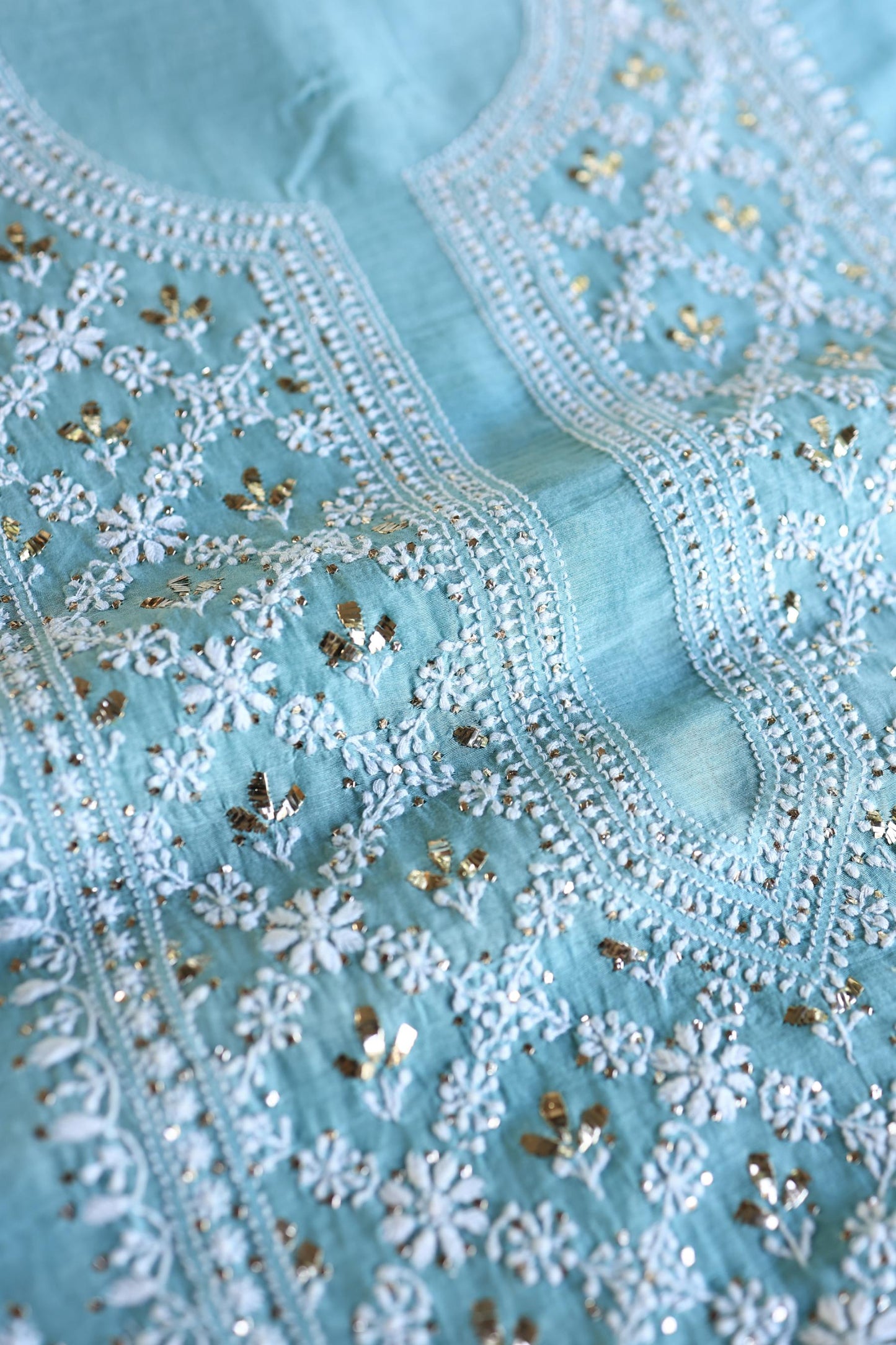 Sky Blue Mal Cotton Fine Chikankari With Kamdani Work Unstitched Fabric