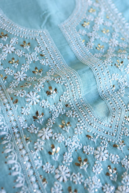 Sky Blue Mal Cotton Fine Chikankari With Kamdani Work Unstitched Fabric
