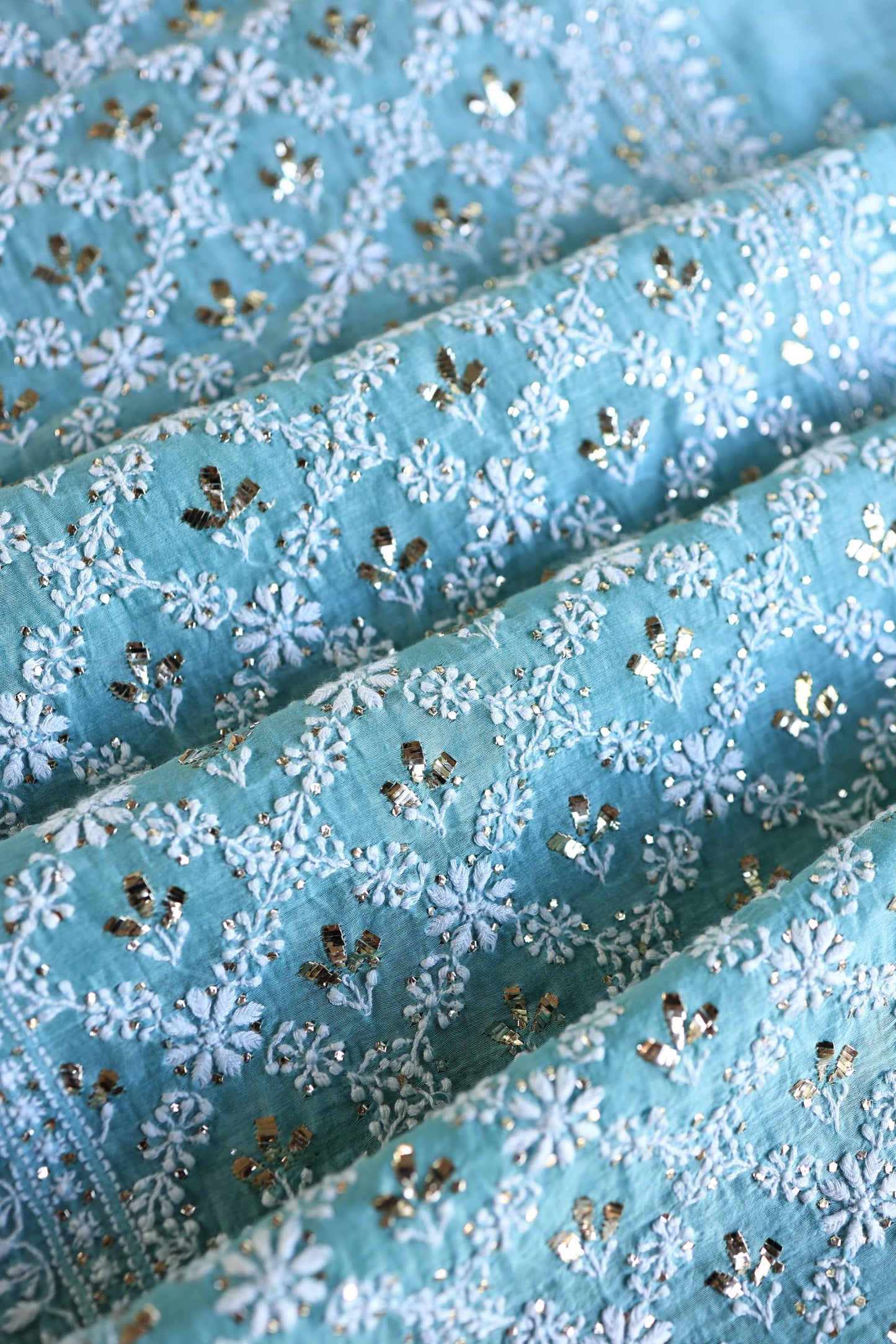 Sky Blue Mal Cotton Fine Chikankari With Kamdani Work Unstitched Fabric