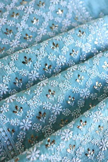 Sky Blue Mal Cotton Fine Chikankari With Kamdani Work Unstitched Fabric