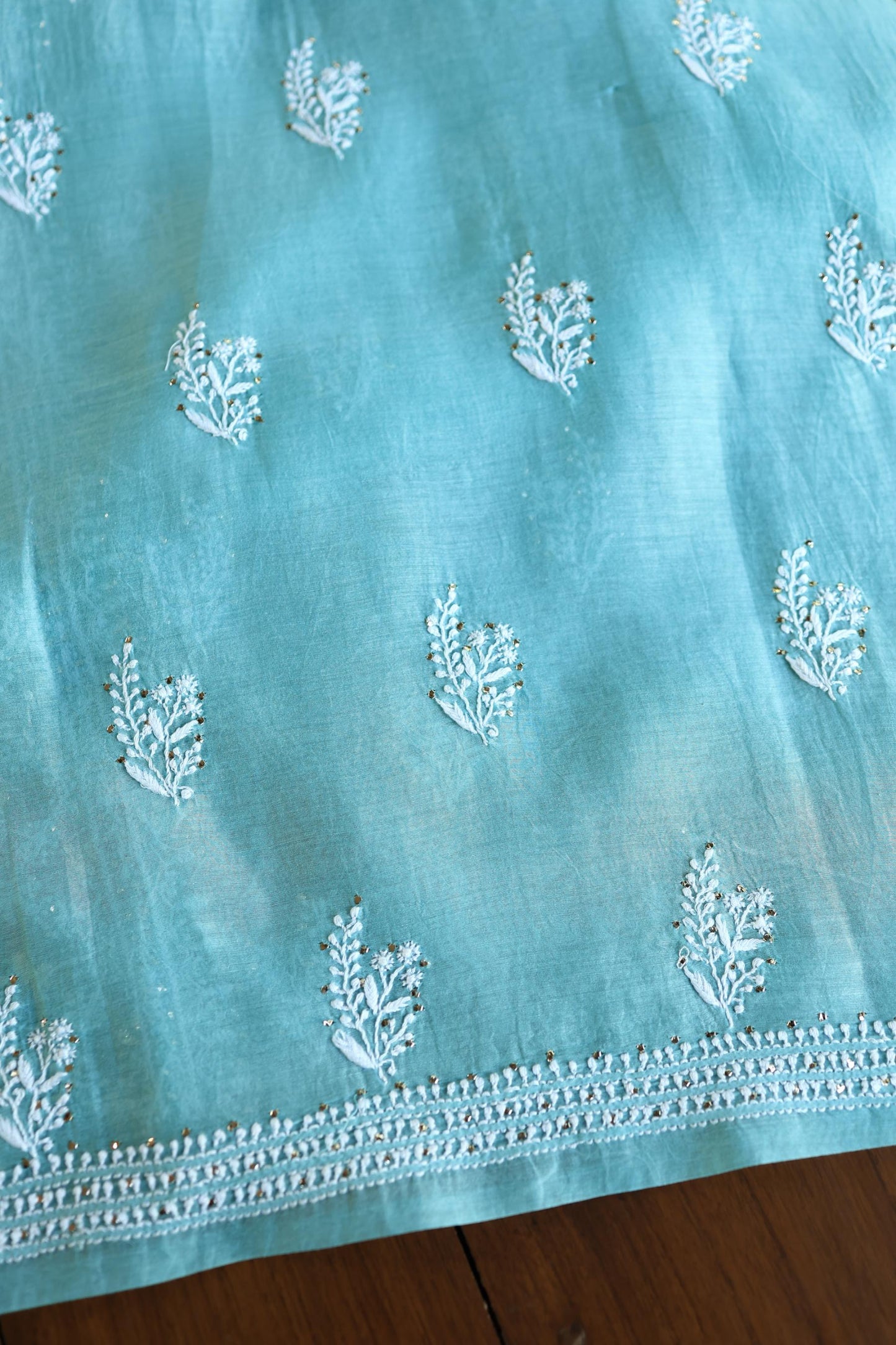 Sky Blue Mal Cotton Fine Chikankari With Kamdani Work Unstitched Fabric