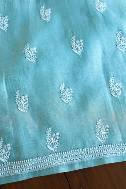 Sky Blue Mal Cotton Fine Chikankari With Kamdani Work Unstitched Fabric