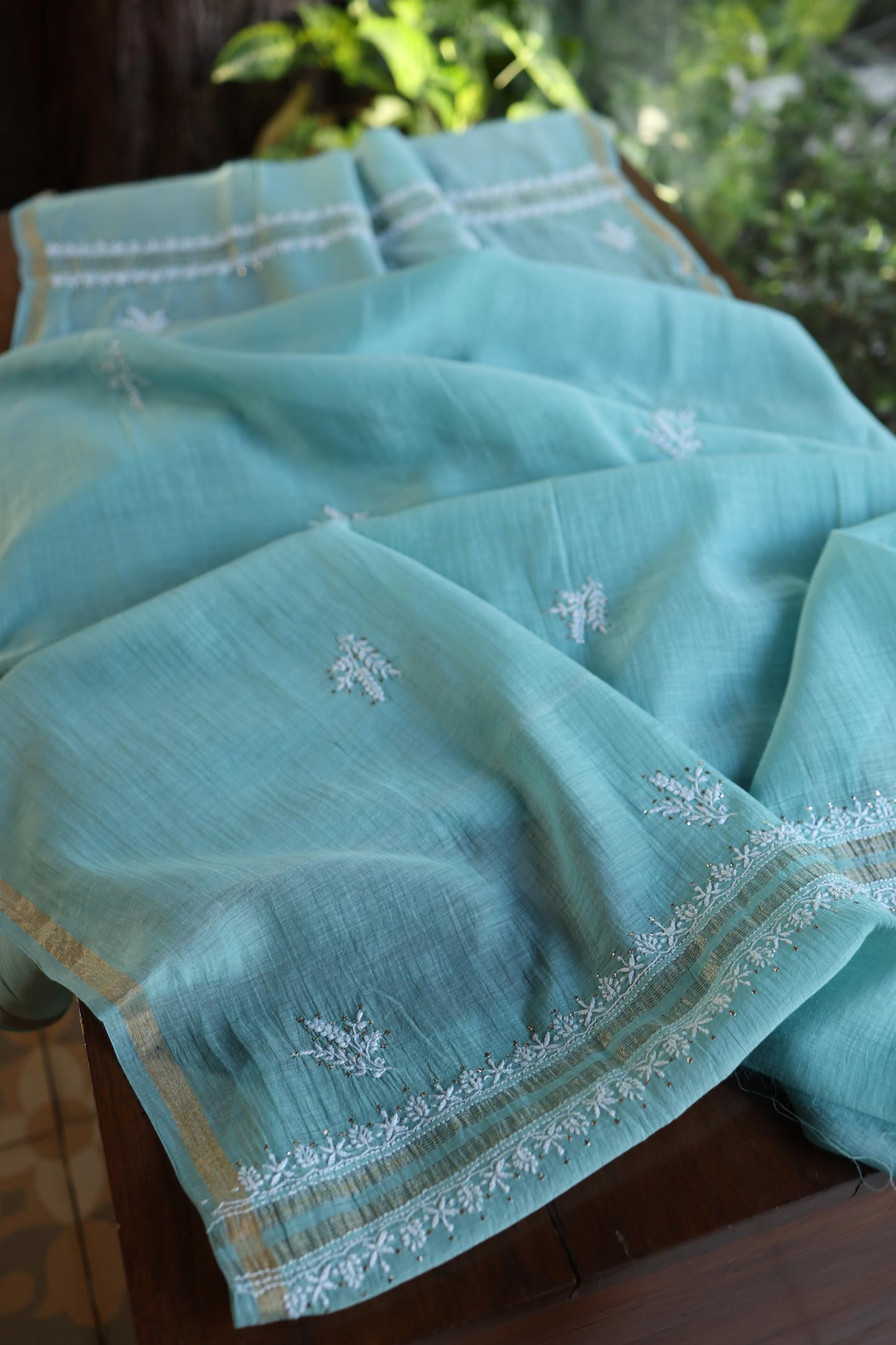 Sky Blue Mal Cotton Fine Chikankari With Kamdani Work Unstitched Fabric