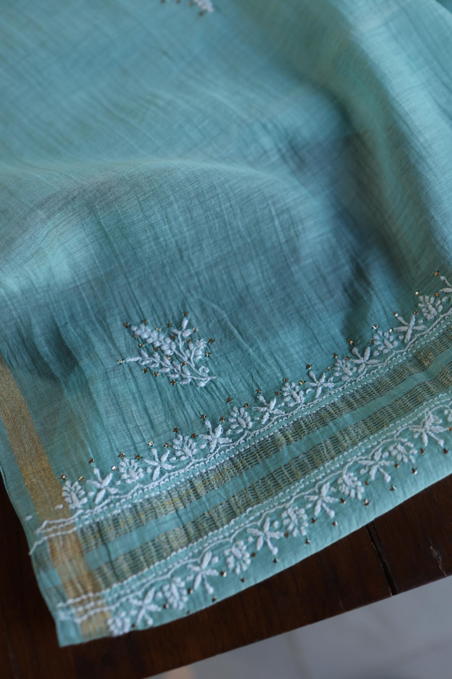 Sky Blue Mal Cotton Fine Chikankari With Kamdani Work Unstitched Fabric