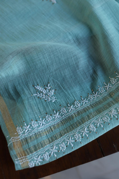 Sky Blue Mal Cotton Fine Chikankari With Kamdani Work Unstitched Fabric