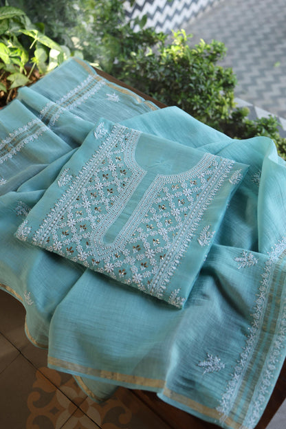 Sky Blue Mal Cotton Fine Chikankari With Kamdani Work Unstitched Fabric