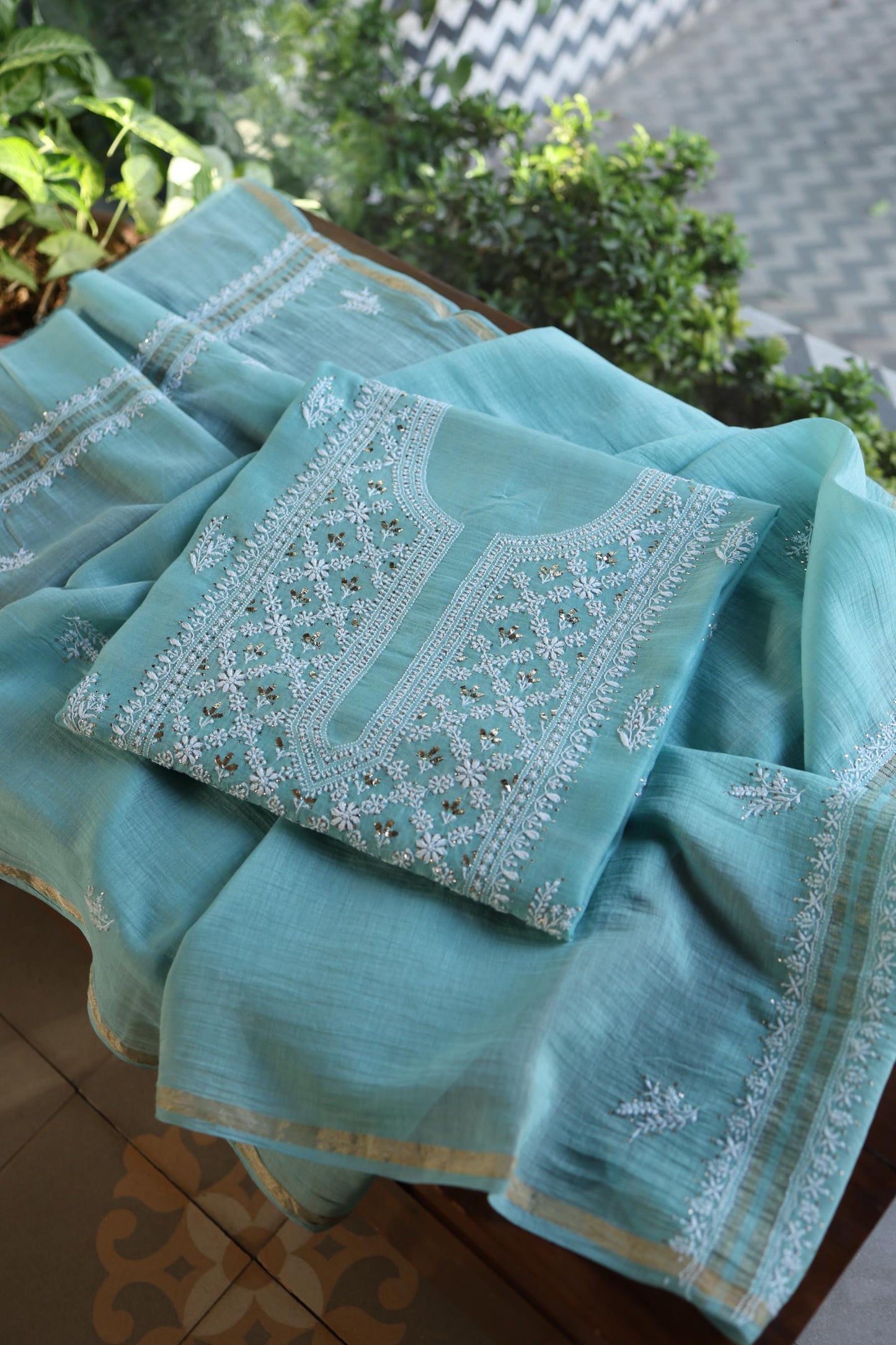 Sky Blue Mal Cotton Fine Chikankari With Kamdani Work Unstitched Fabric