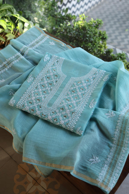 Sky Blue Mal Cotton Fine Chikankari With Kamdani Work Unstitched Fabric