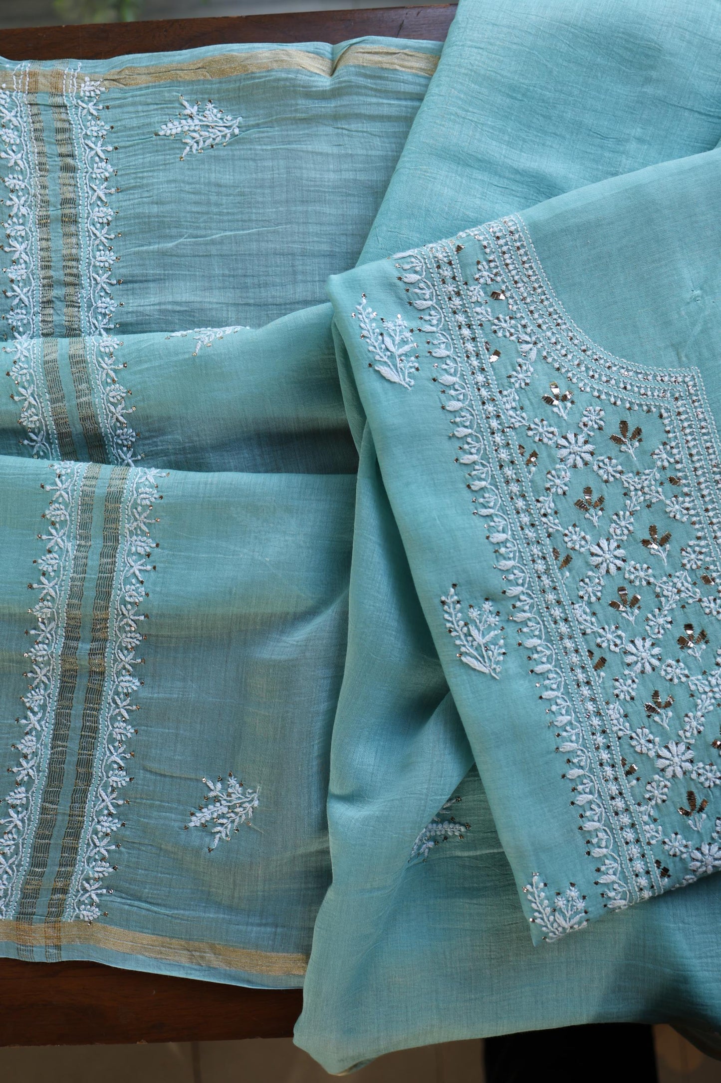 Sky Blue Mal Cotton Fine Chikankari With Kamdani Work Unstitched Fabric
