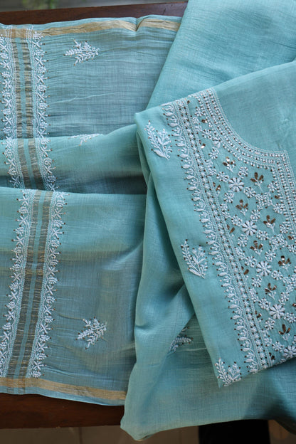 Sky Blue Mal Cotton Fine Chikankari With Kamdani Work Unstitched Fabric
