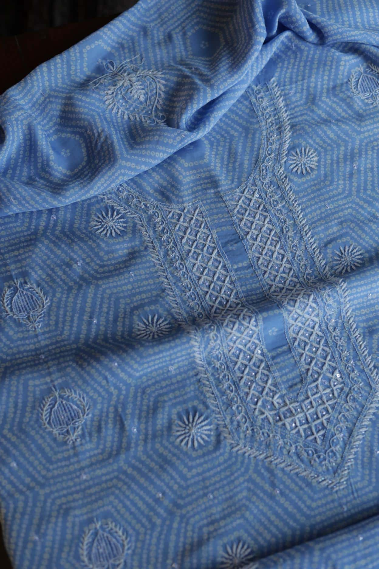Sky Blue Muslin Chikankari Unstitched Kurta Fabric