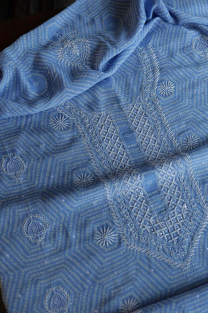 Sky Blue Muslin Chikankari Unstitched Kurta Fabric