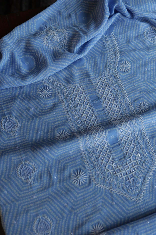 Sky Blue Muslin Chikankari Unstitched Kurta Fabric