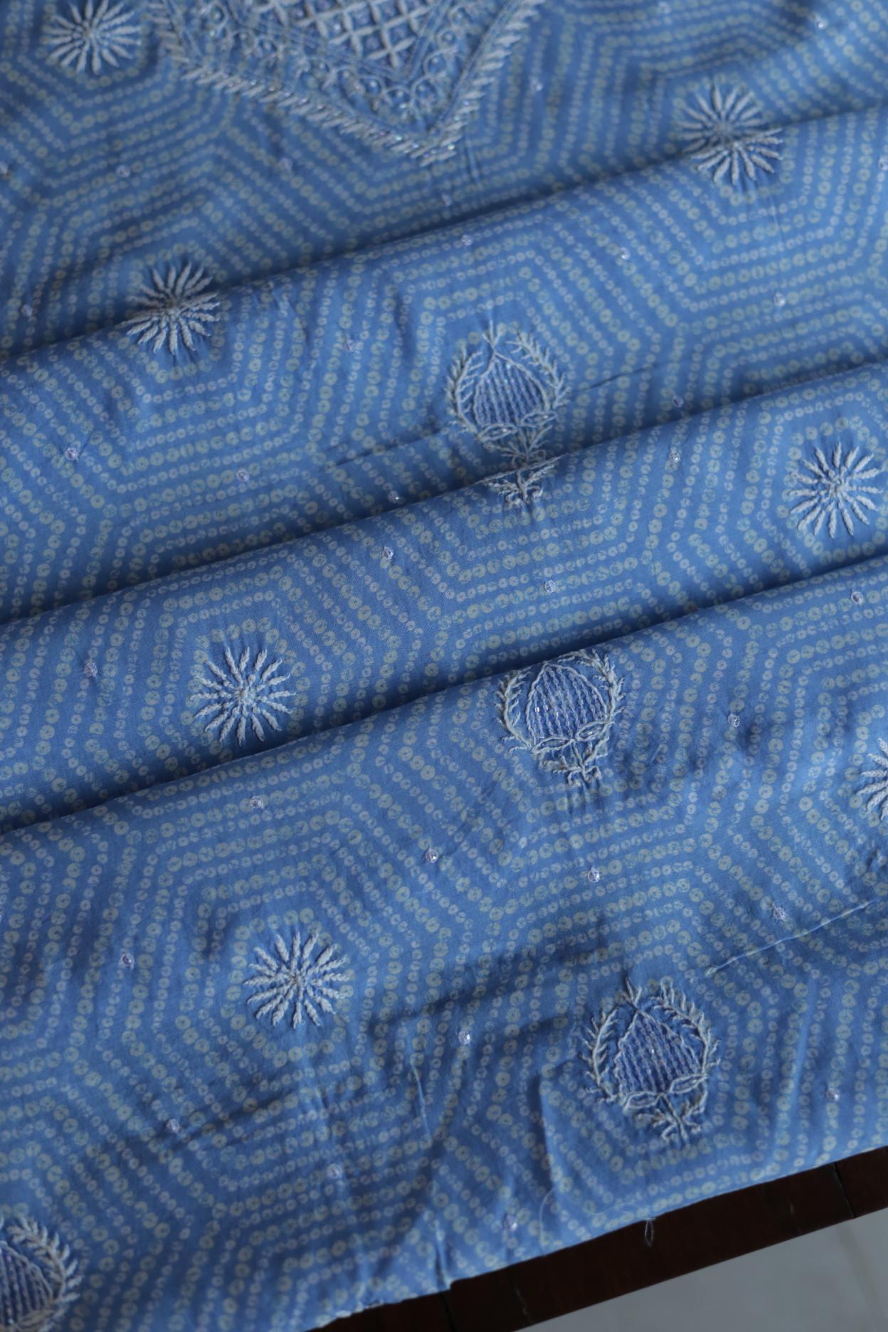 Sky Blue Muslin Chikankari Unstitched Kurta Fabric
