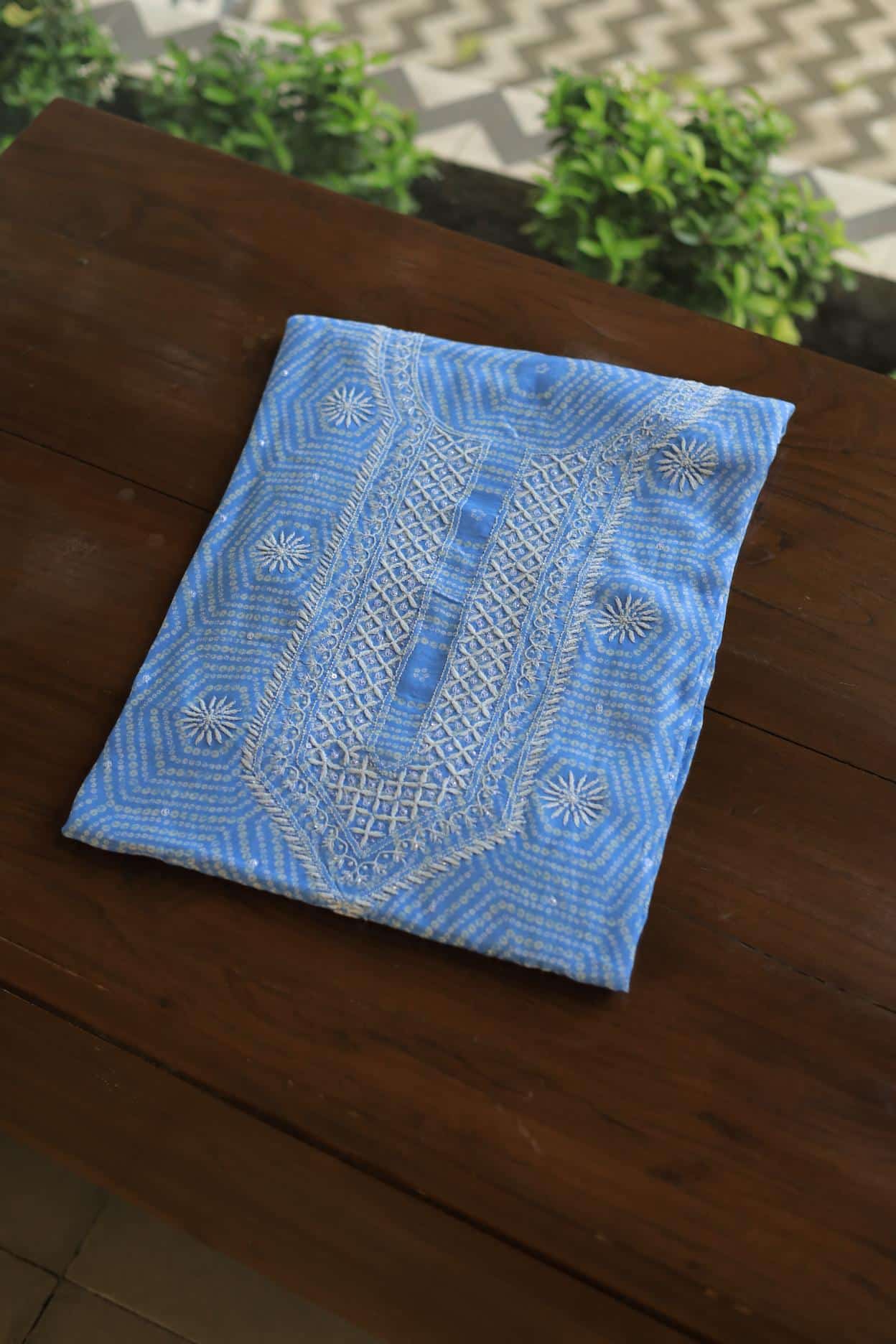 Sky Blue Muslin Chikankari Unstitched Kurta Fabric