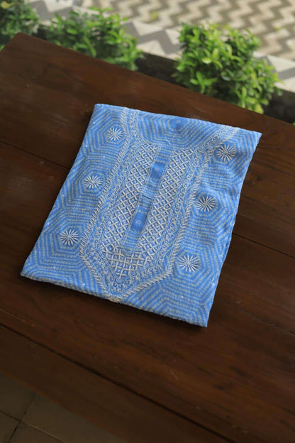 Sky Blue Muslin Chikankari Unstitched Kurta Fabric
