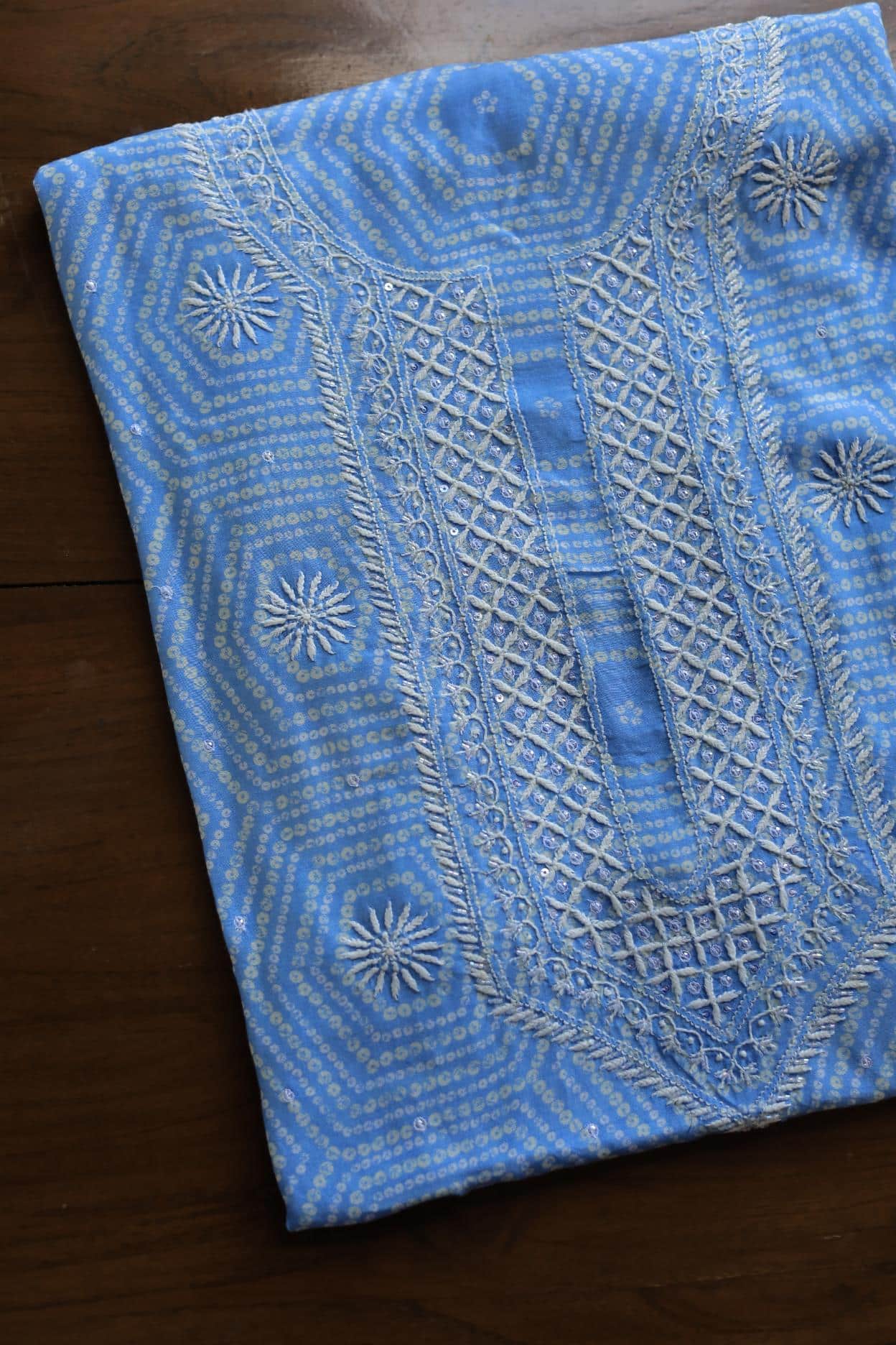 Sky Blue Muslin Chikankari Unstitched Kurta Fabric