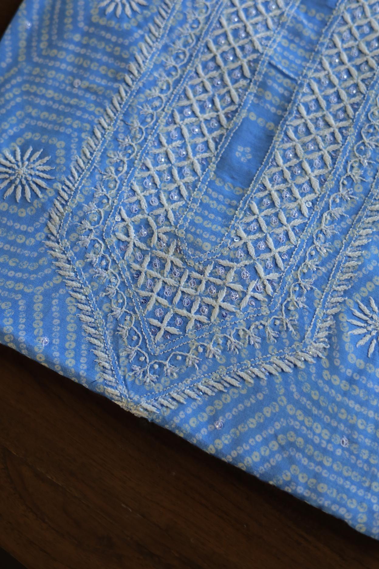 Sky Blue Muslin Chikankari Unstitched Kurta Fabric