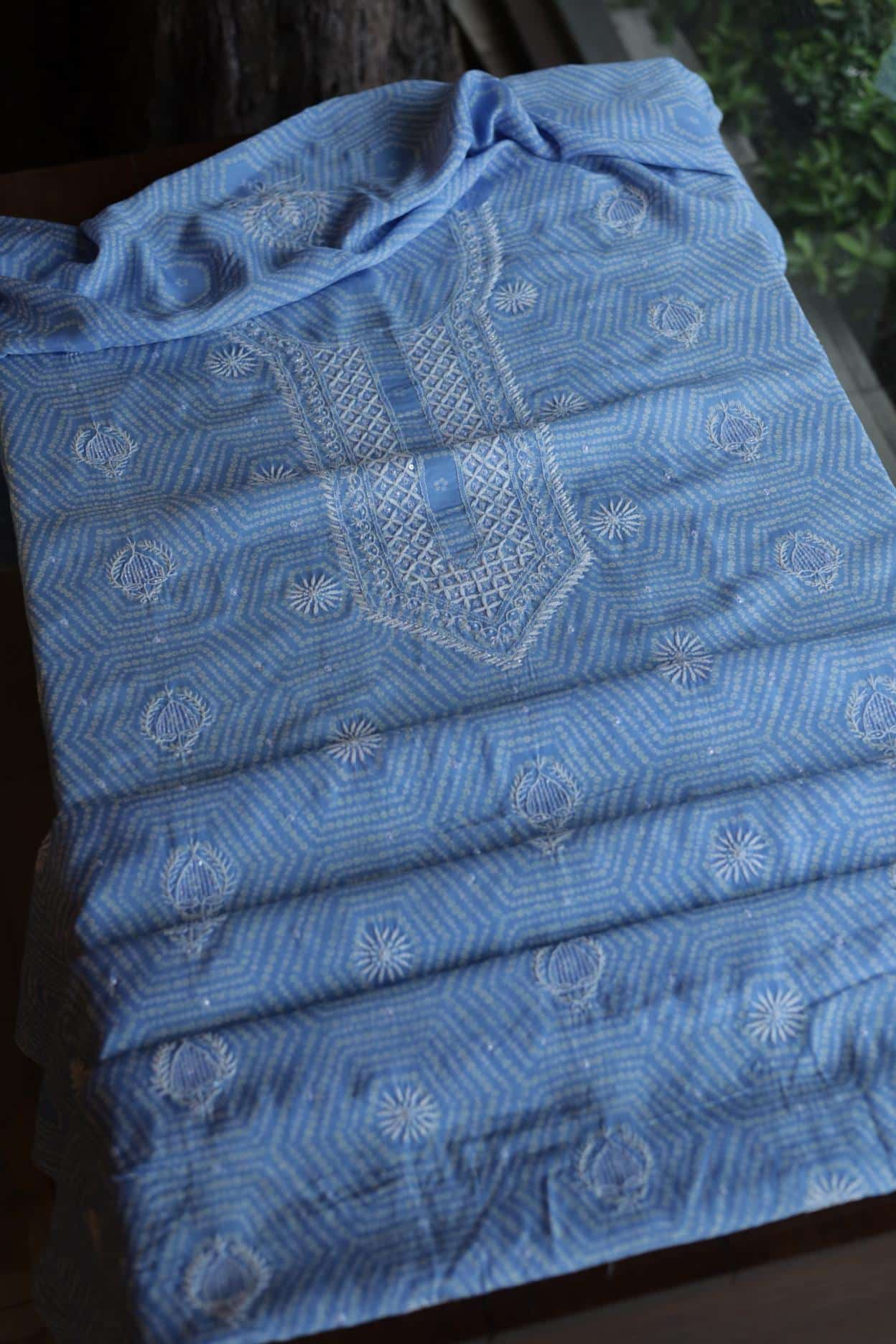 Sky Blue Muslin Chikankari Unstitched Kurta Fabric