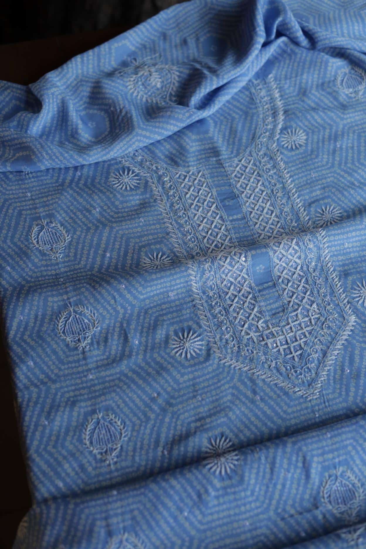Sky Blue Muslin Chikankari Unstitched Kurta Fabric