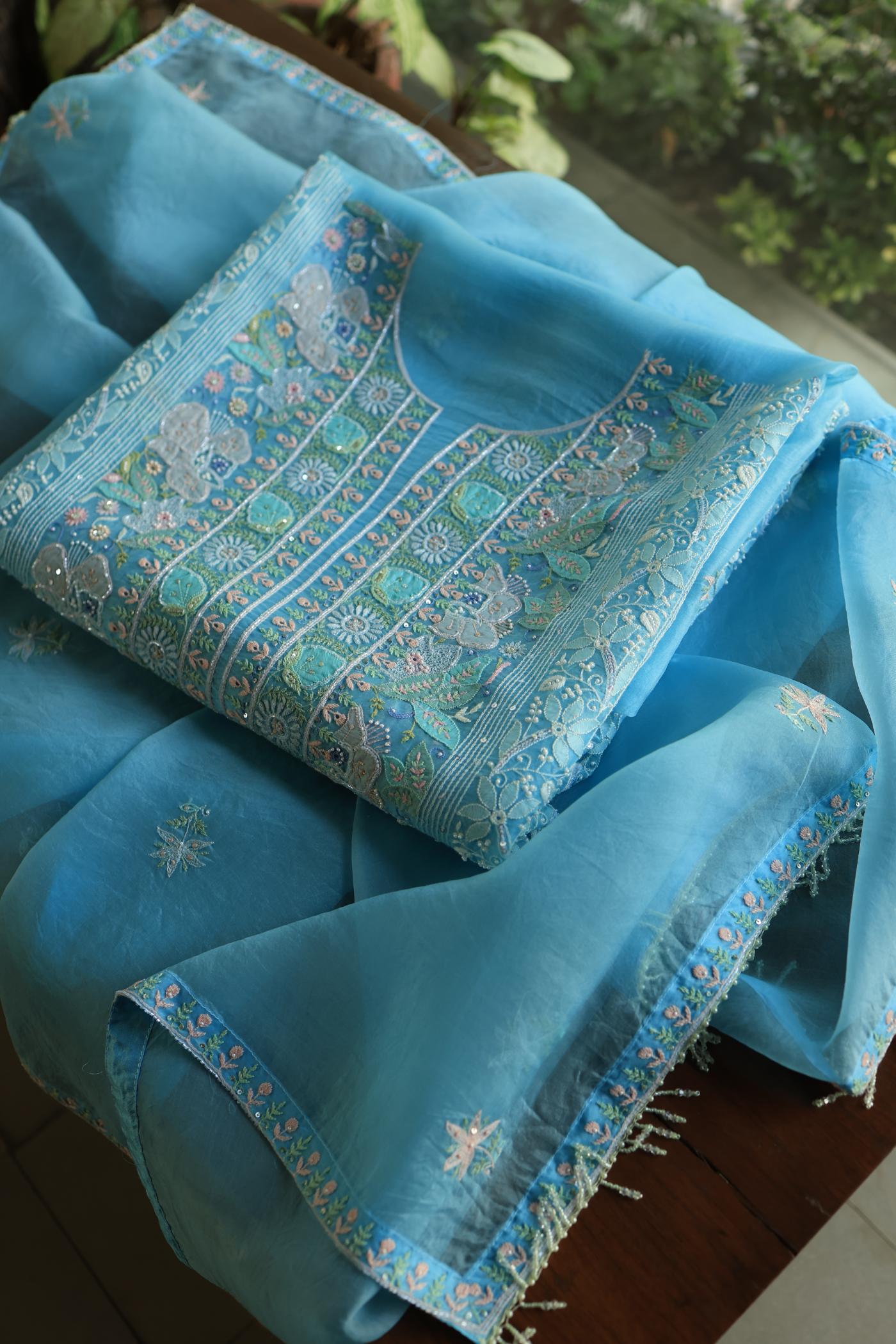 Sky Blue Noor Banarasi Organza Chikankari Unstitched Fabrics