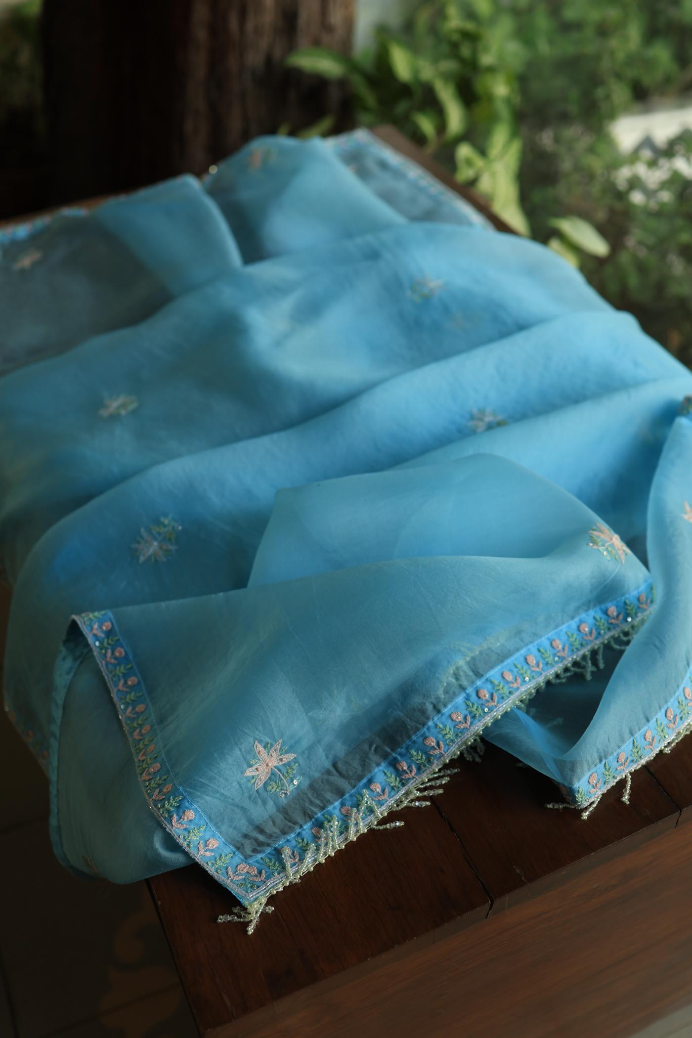Sky Blue Noor Banarasi Organza Chikankari Unstitched Fabrics