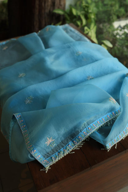 Sky Blue Noor Banarasi Organza Chikankari Unstitched Fabrics