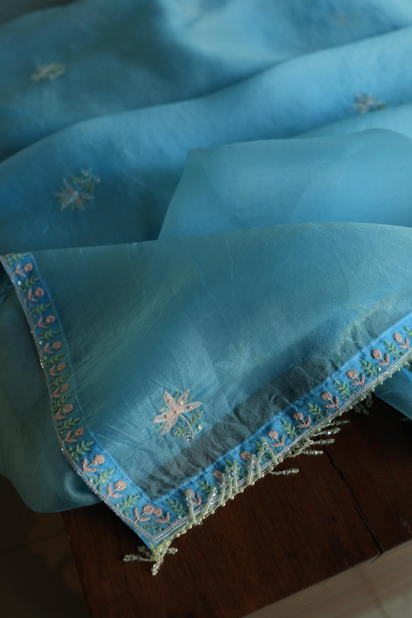 Sky Blue Noor Banarasi Organza Chikankari Unstitched Fabrics