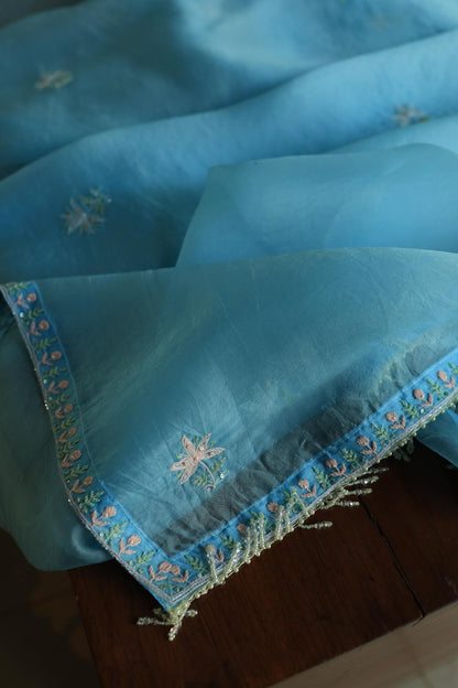 Sky Blue Noor Banarasi Organza Chikankari Unstitched Fabrics