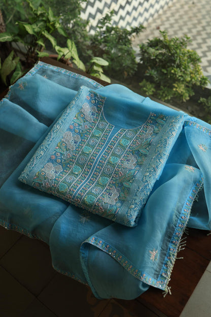 Sky Blue Noor Banarasi Organza Chikankari Unstitched Fabrics