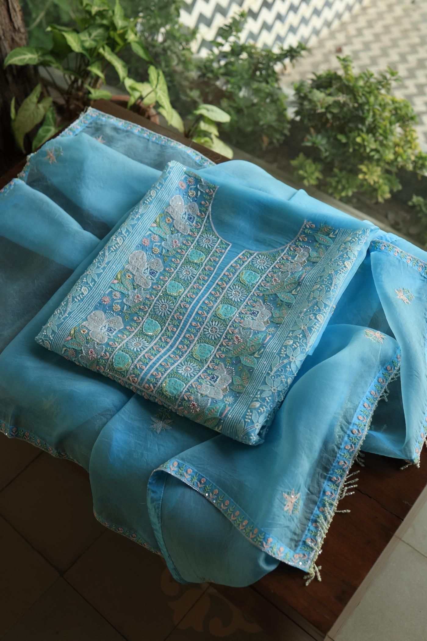 Sky Blue Noor Banarasi Organza Chikankari Unstitched Fabrics