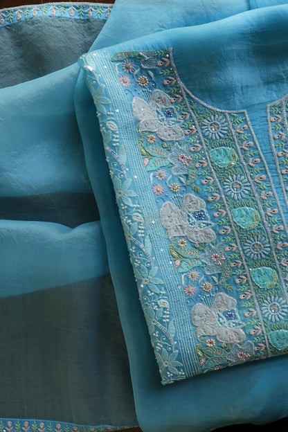 Sky Blue Noor Banarasi Organza Chikankari Unstitched Fabrics