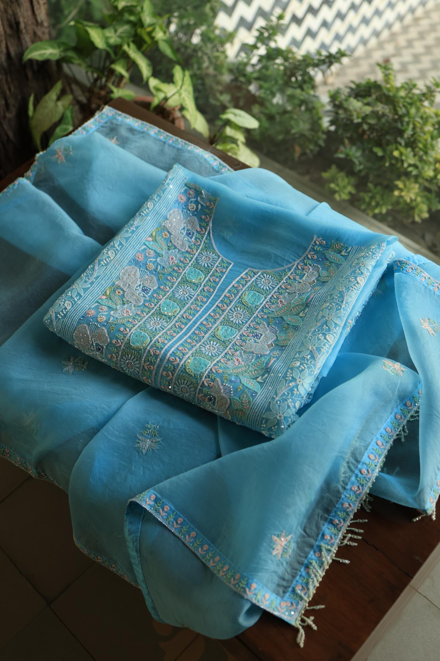 Sky Blue Noor Banarasi Organza Chikankari Unstitched Fabrics