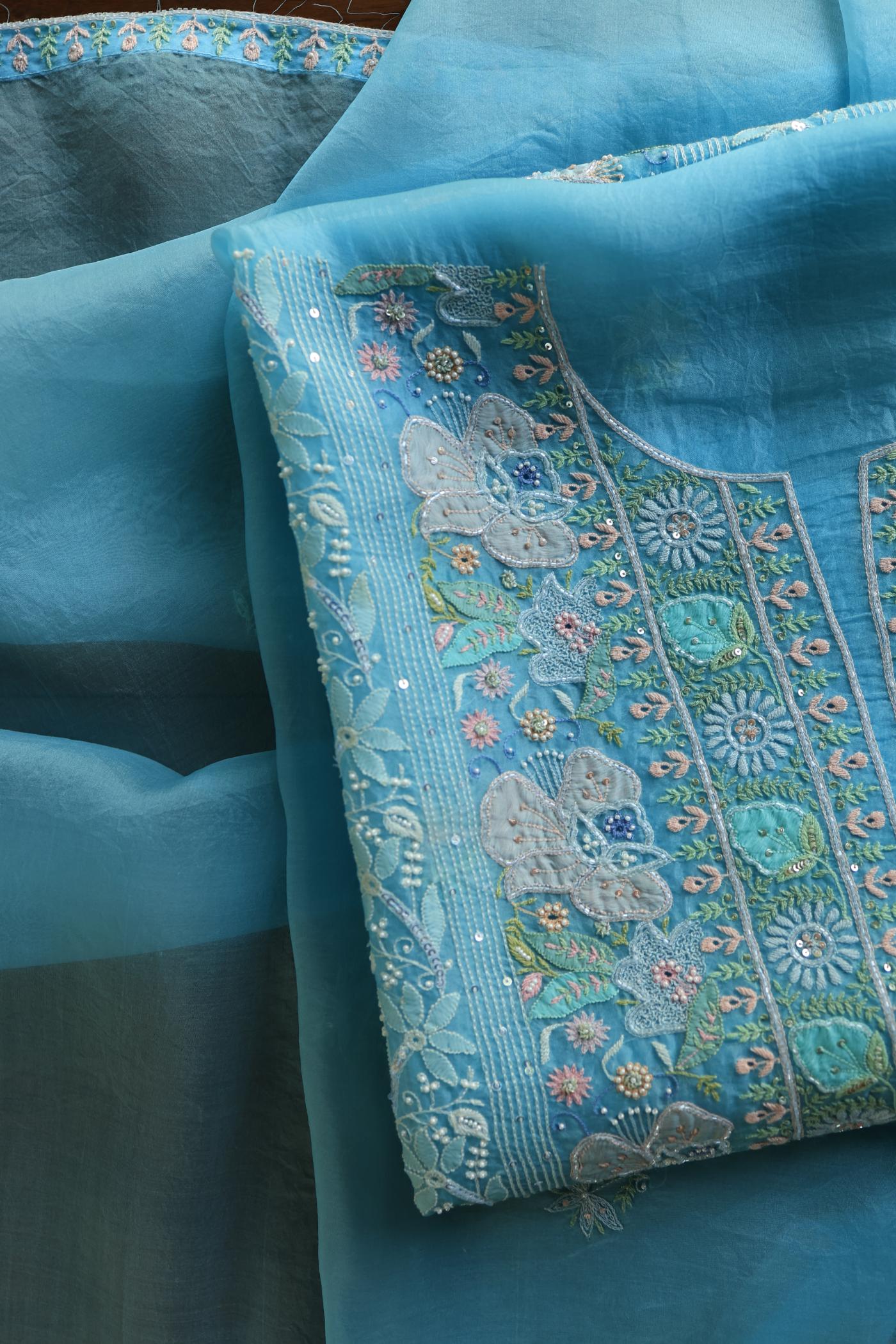 Sky Blue Noor Banarasi Organza Chikankari Unstitched Fabrics