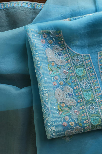 Sky Blue Noor Banarasi Organza Chikankari Unstitched Fabrics