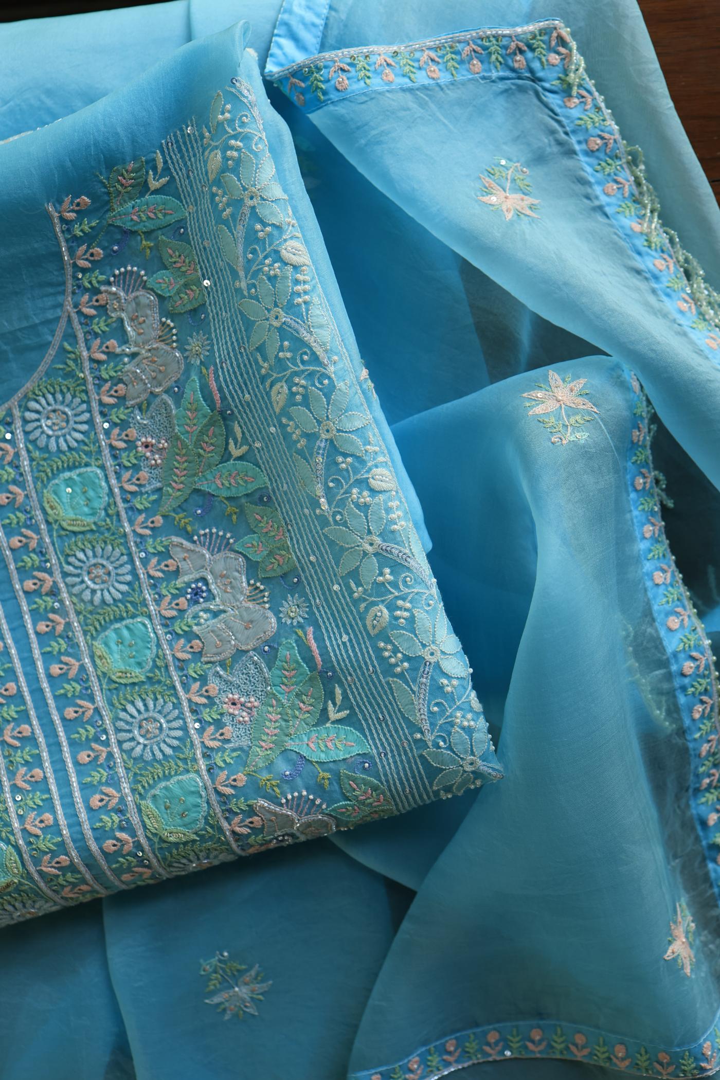 Sky Blue Noor Banarasi Organza Chikankari Unstitched Fabrics