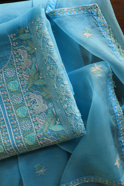 Sky Blue Noor Banarasi Organza Chikankari Unstitched Fabrics