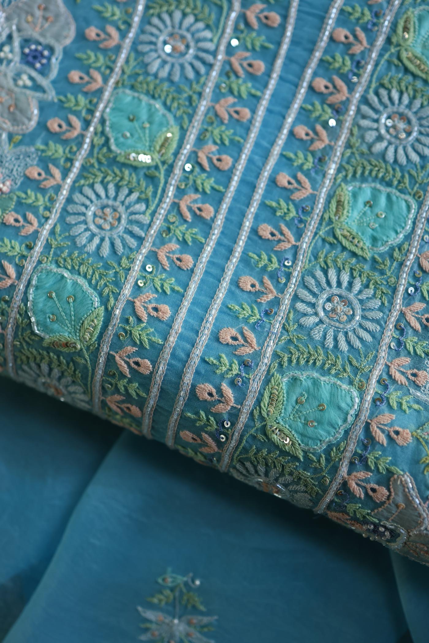 Sky Blue Noor Banarasi Organza Chikankari Unstitched Fabrics