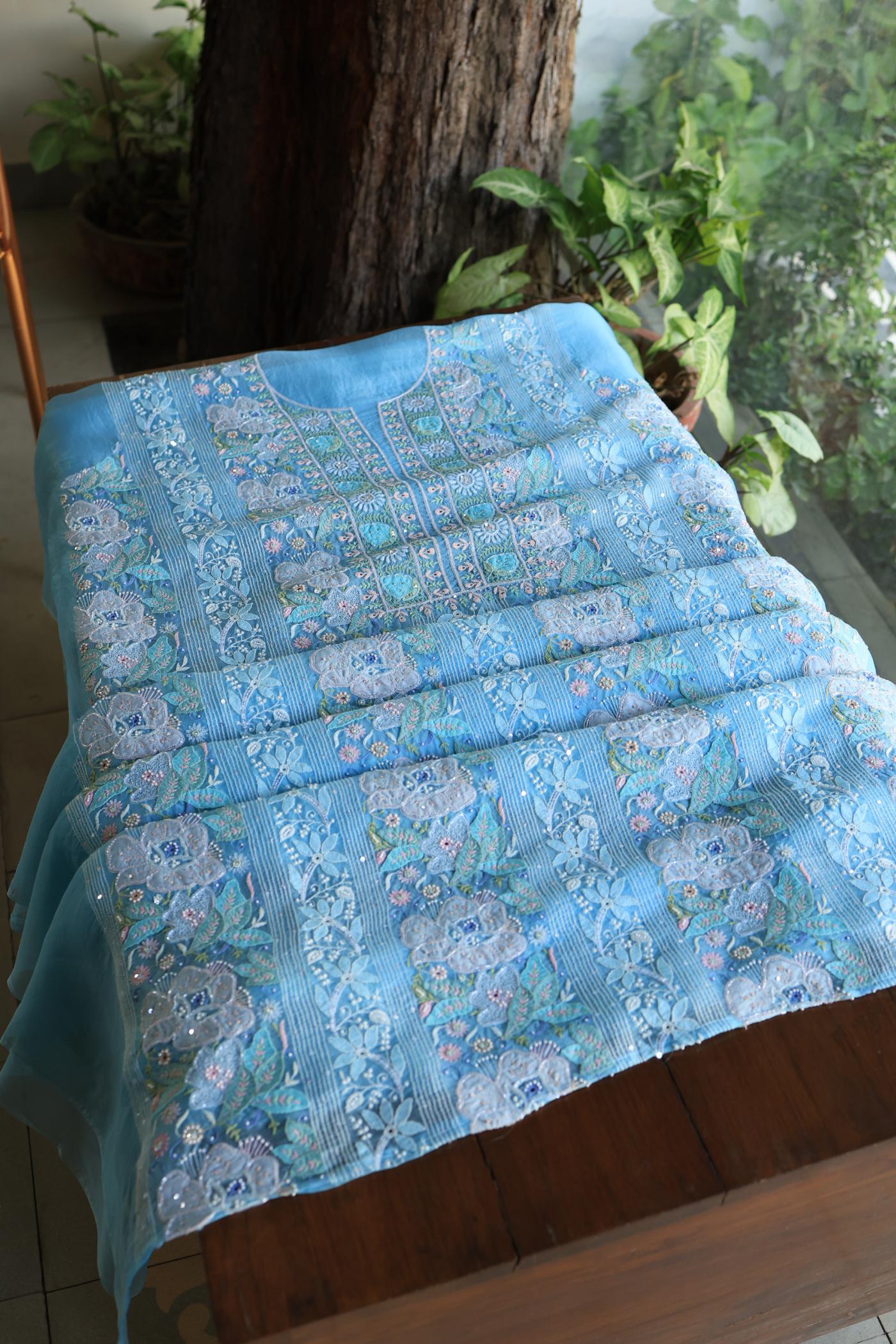 Sky Blue Noor Banarasi Organza Chikankari Unstitched Fabrics